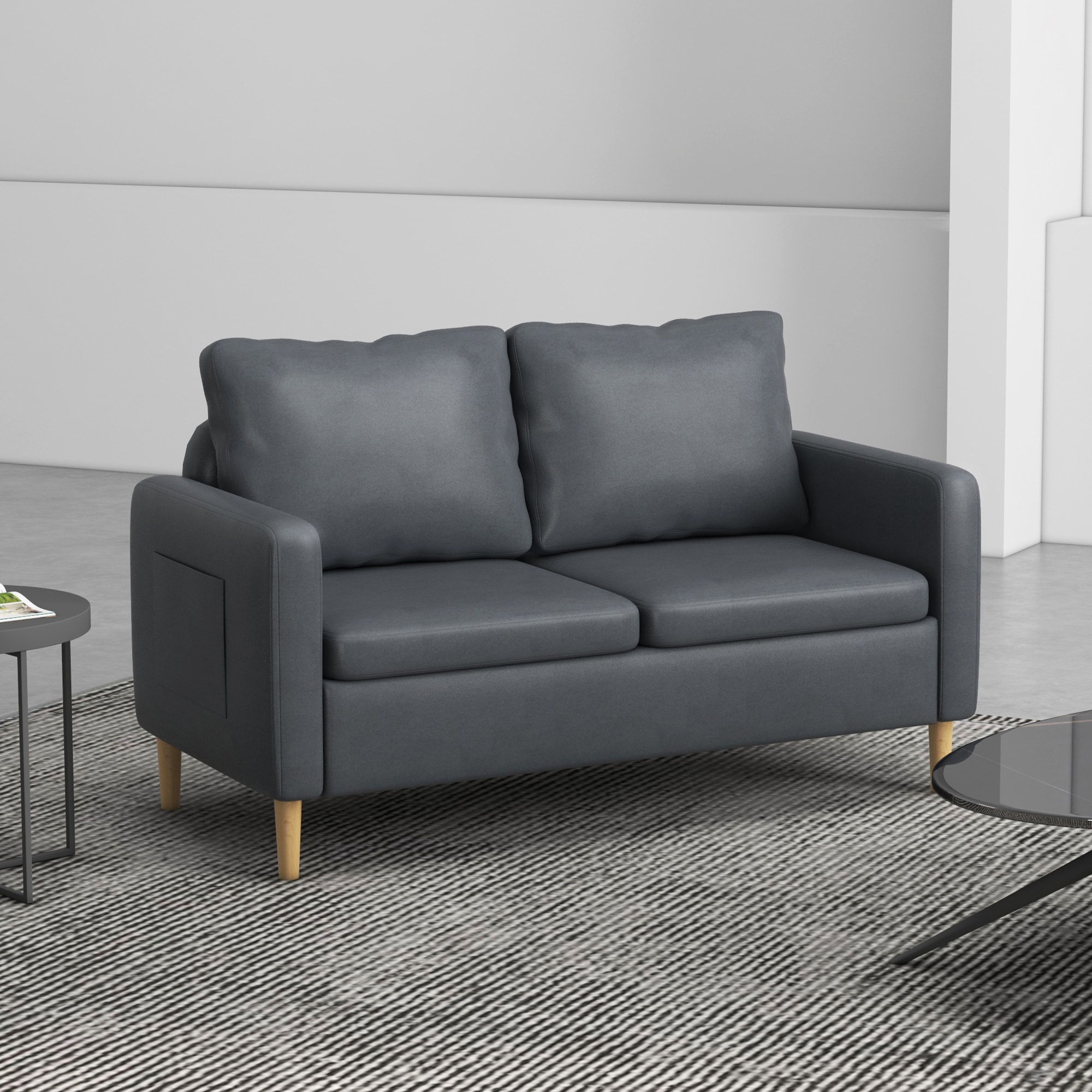 Sofá de 2 Plazas Sillón Moderno Tapizado en Poliéster con 2 Bolsillos Laterales Reposabrazos y Patas de Madera para Dormitorio Oficina Carga 200 kg 143x76x83 cm Gris