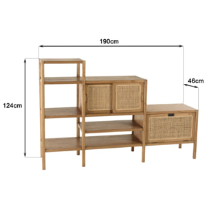 AMY - Bibliothèque en escalier en bois de mindi et rotin naturel AMY