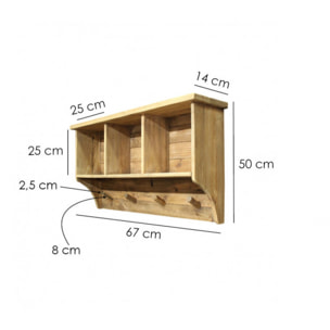 Étagère / patère murale en bois - 3 niches & 4 accroches - ORIGIN