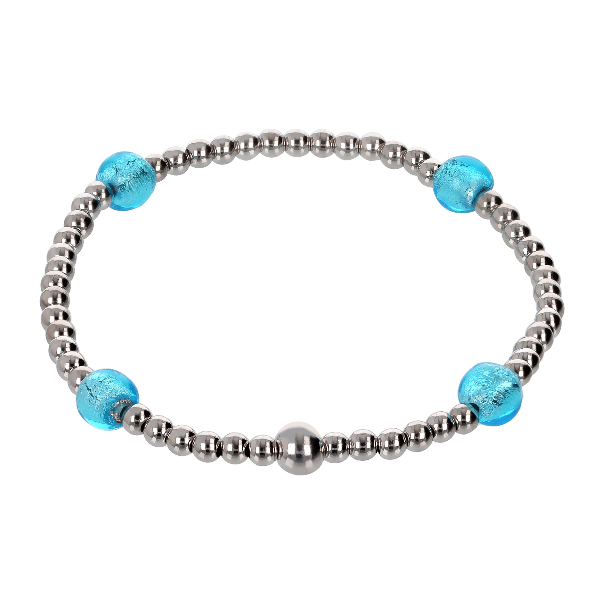 Bracciale Elastico di Sfere Argentate con Elementi in Vetro di Murano Blu