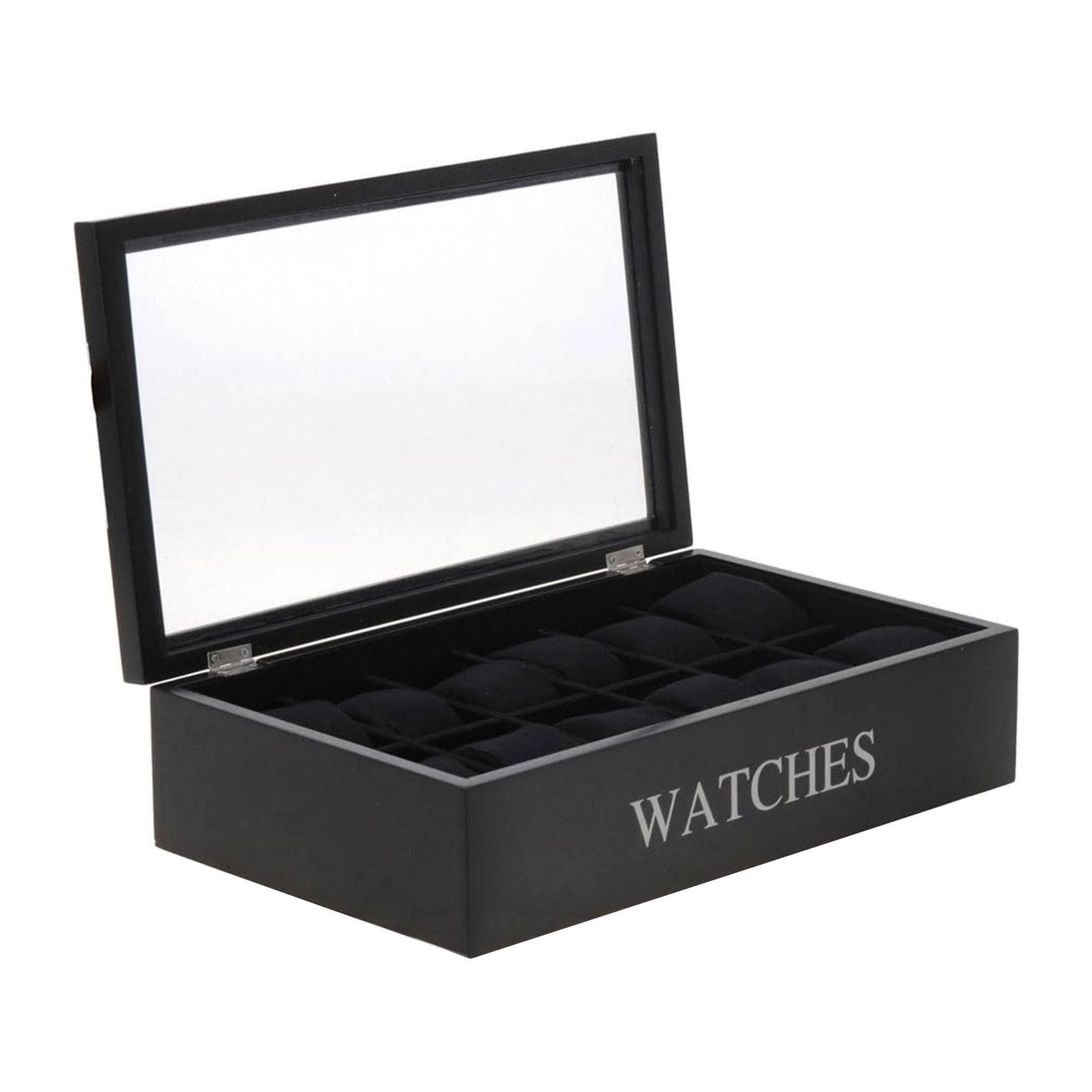 caja mdf para 12 relojes 34x20x8.5cm, color negro con impresión plateada