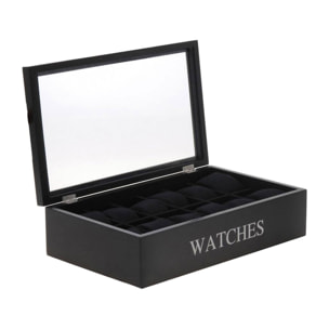 caja mdf para 12 relojes 34x20x8.5cm, color negro con impresión plateada