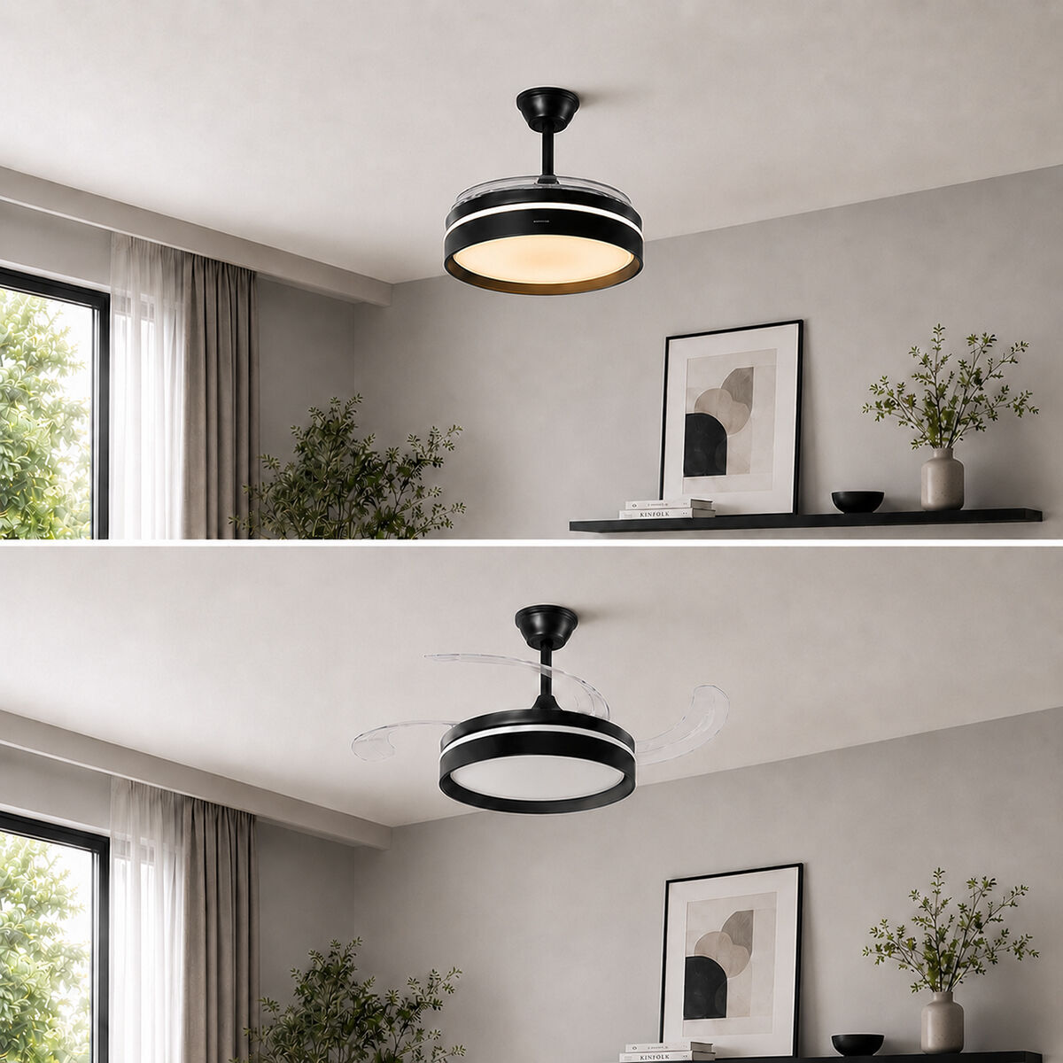 Ventilateur de plafond avec lumière LED, 4 pales rétractables et télécommande InnovaGoods