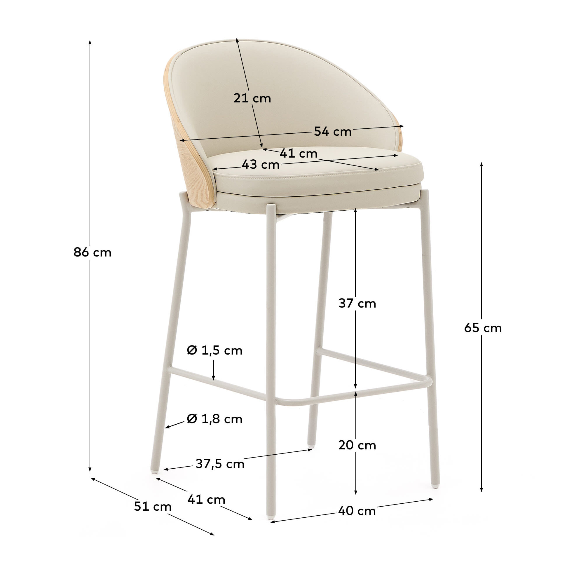 Kave Home - Sgabello Eamy di pelle sintetica beige, impiallacciatura in frassino finitura naturale 65