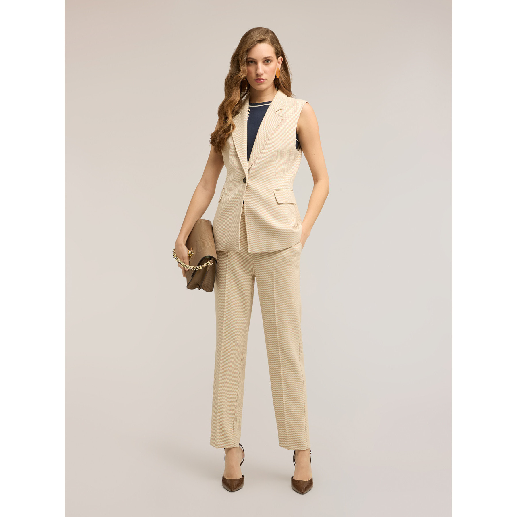 Motivi - Pantalones regular en tejido teñido en hilo a rayas - Beige