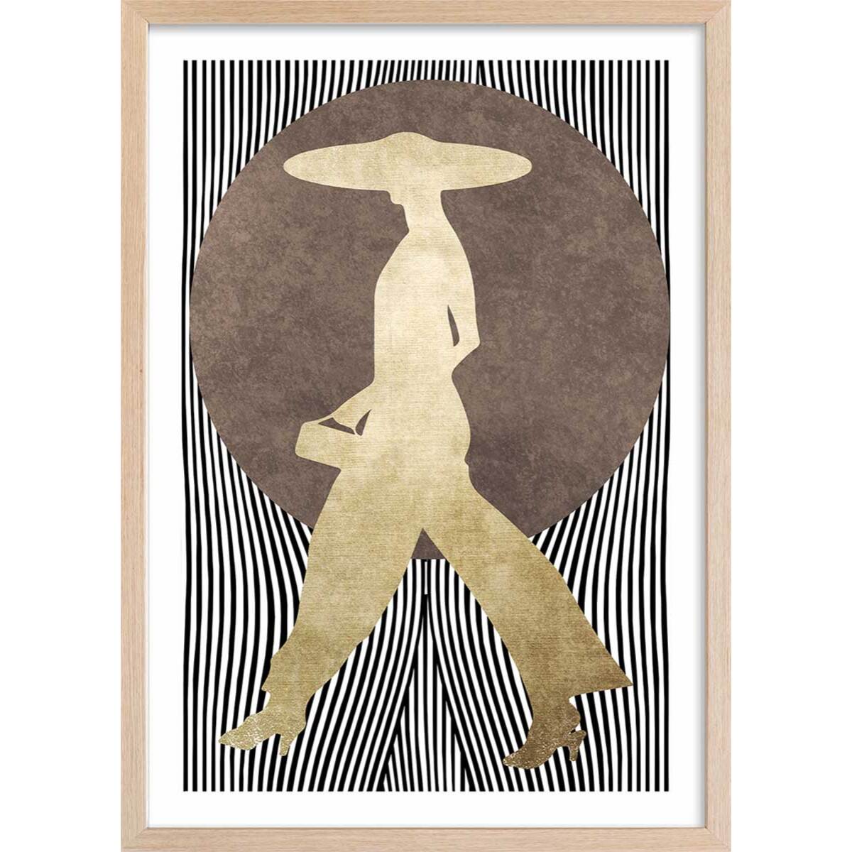 Poster silhouette femme à chapeau Affiche + cadre en bois - Chêne