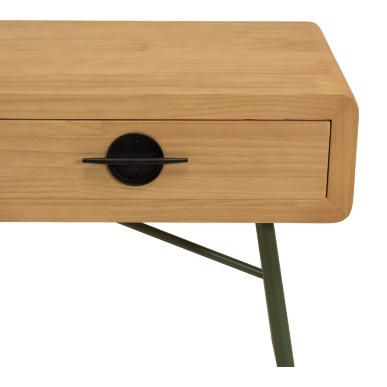 HELENA - Console 2 tiroirs en pin couleur naturelle et pieds métal vert