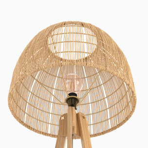 Lampadaire trépied en rotin et bois de teck massif - Corte