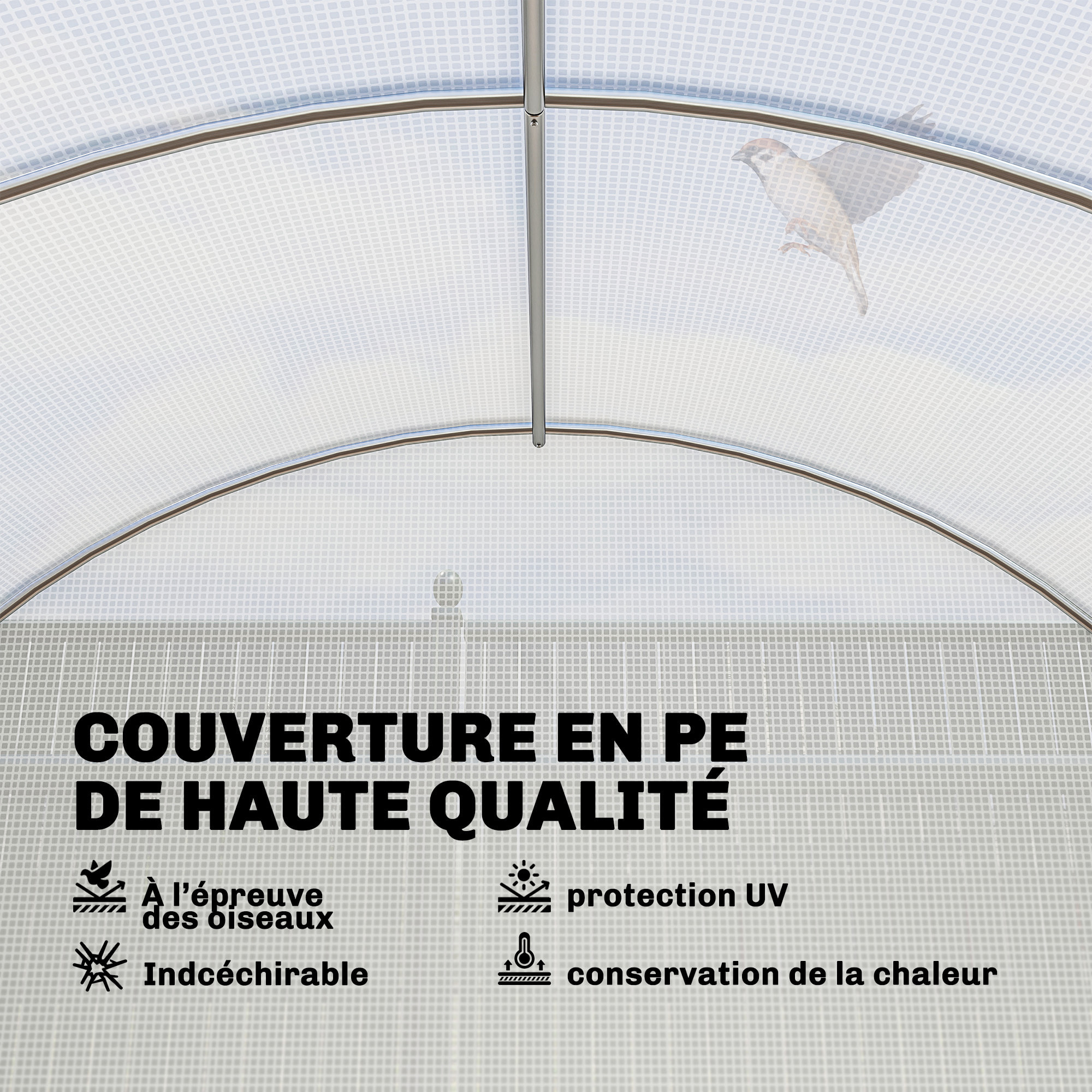 Serre tunnel de jardin 18 m² porte 12 fenêtres enroulables acier PE blanc