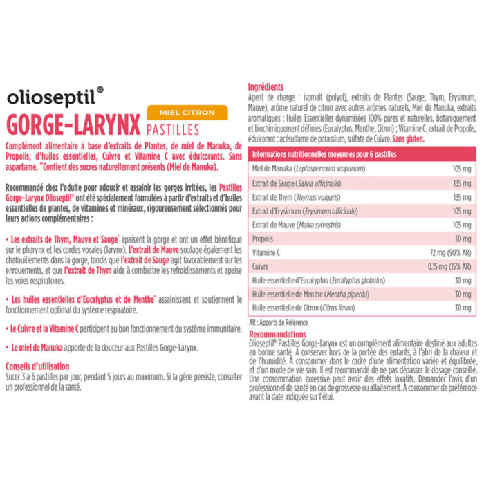 OLIOSEPTIL - Pastilles à Sucer Gorge-Larynx - Sans Sucres Ajoutés - Extraits de Plantes, Vitamine C, Cuivre et Huiles Essentielles - Apaise et Assainit la Gorge - Goût Miel Citron - Lot de 2