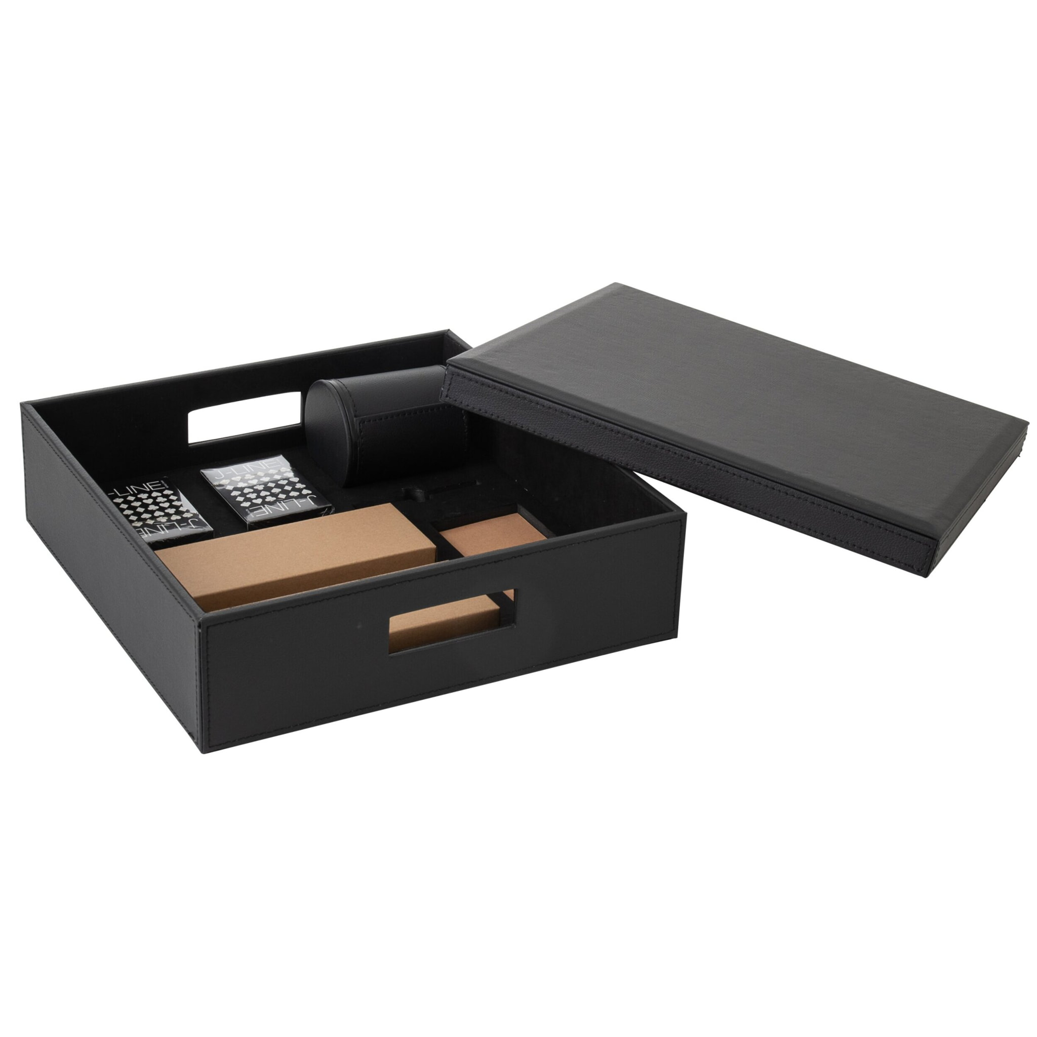 J-Line boîte Jeu De Cartes + Echecs - bois/simili cuir - noir