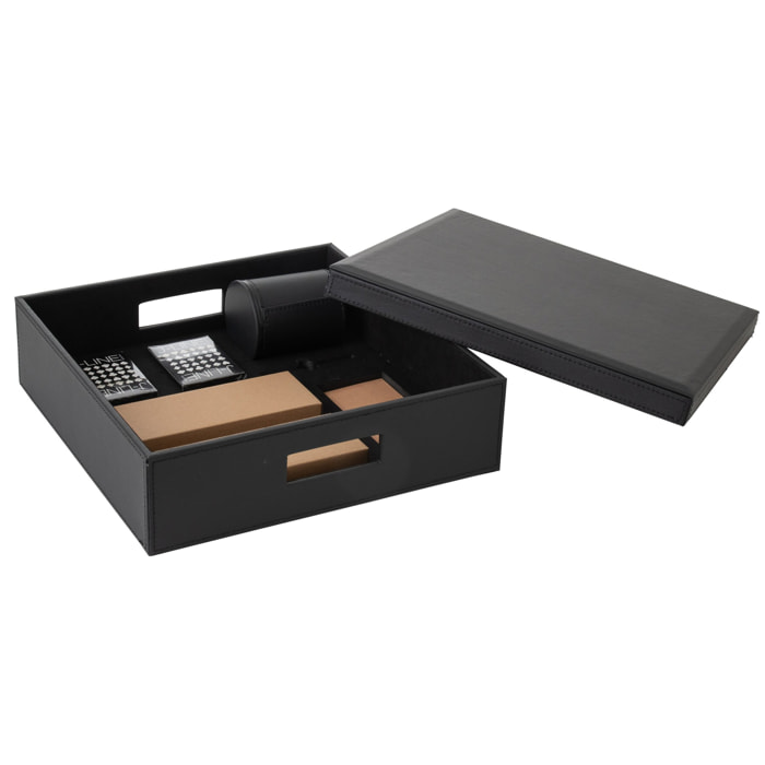 J-Line boîte Jeu De Cartes + Echecs - bois/simili cuir - noir