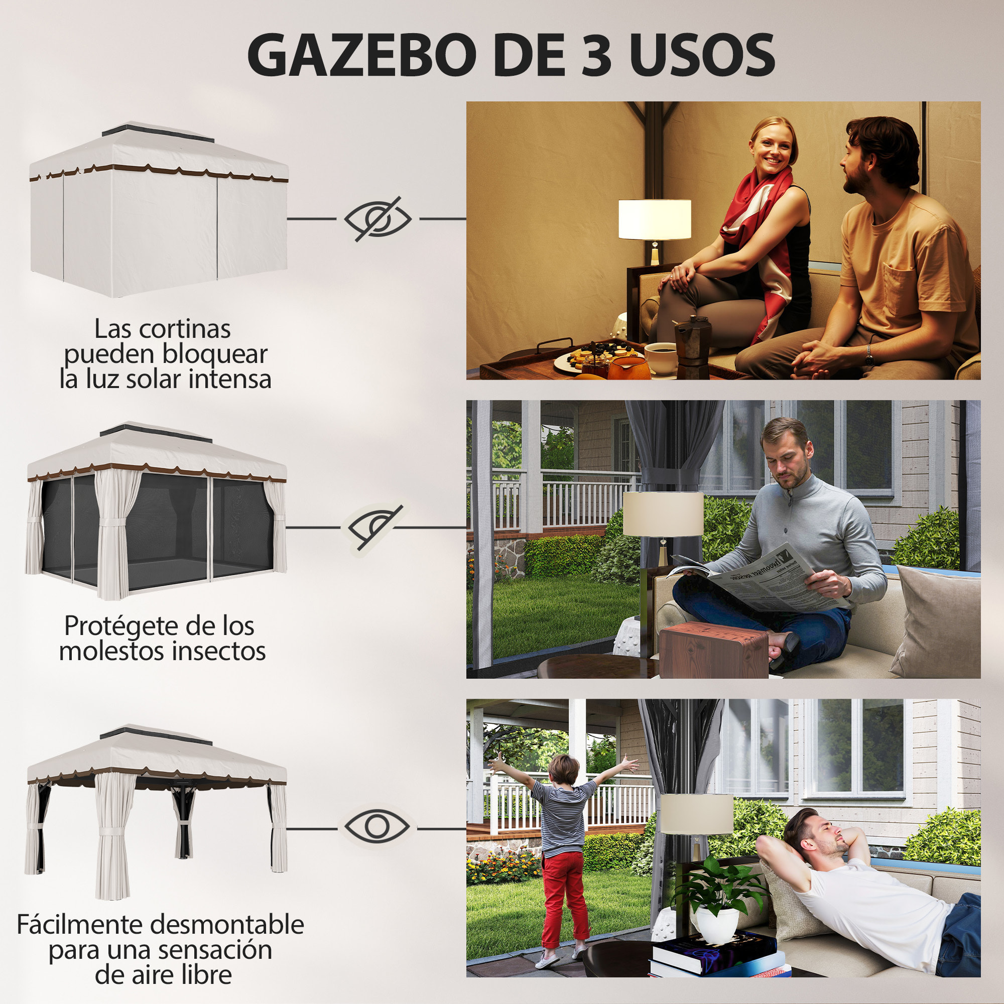 de Jardín 4x3 m, Pabellón de Jardín Gazebo con Doble Techo, 4 Cortinas y Mosquitera, Marco de Aluminio, Orificios de Drenaje, UPF50+, Carpa para Exterior, Terraza, Patio, Blanco Crema