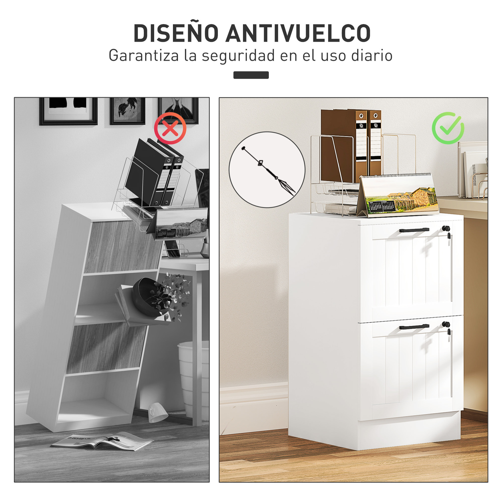 Cajonera de Oficina Mueble Archivador con 2 Cajones Cajonera para Escritorio con Cerraduras Carpetas Suspendidas para A4 y Carta 40x40x71 cm Blanco