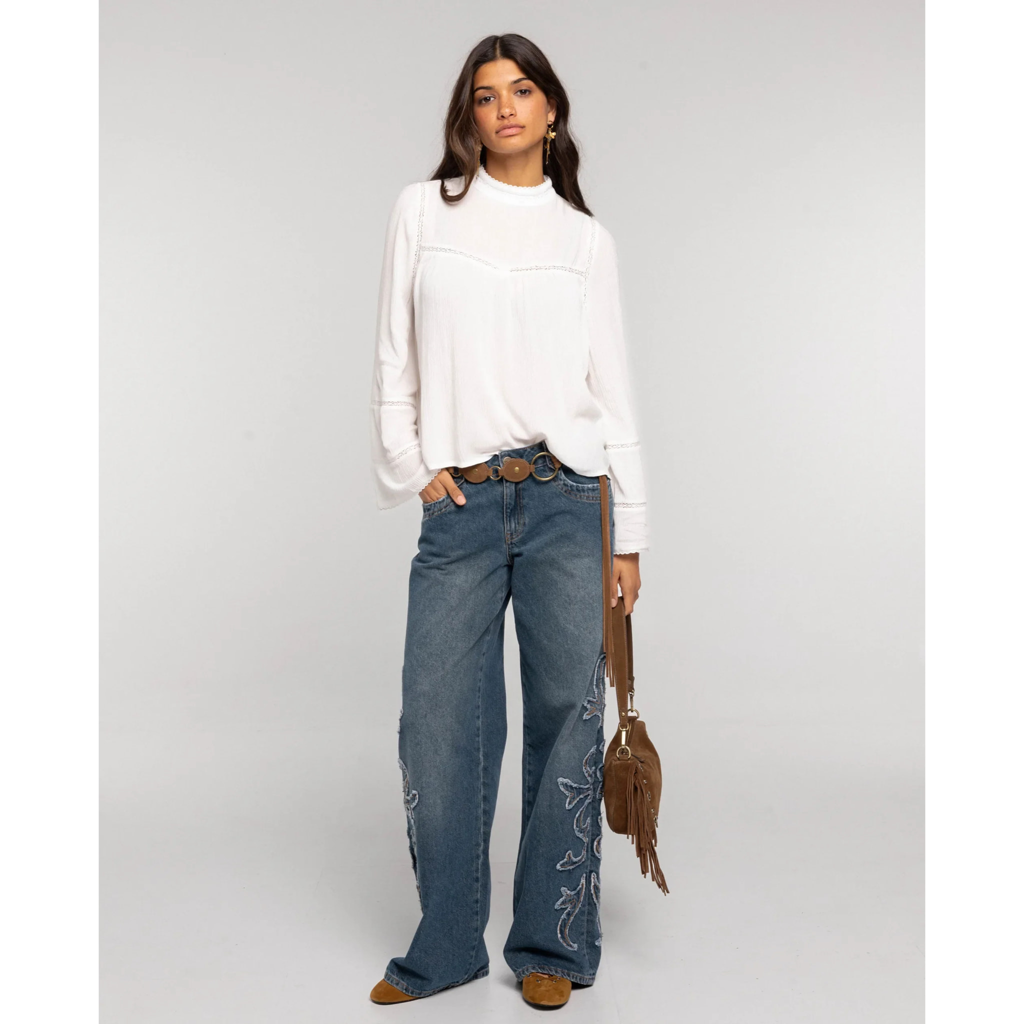 Blusa de gasa con encaje y manga larga de mujer