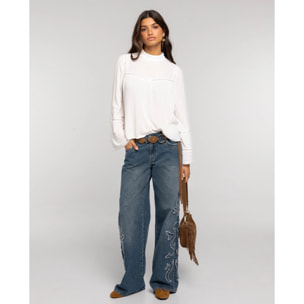 Blusa de gasa con encaje y manga larga de mujer