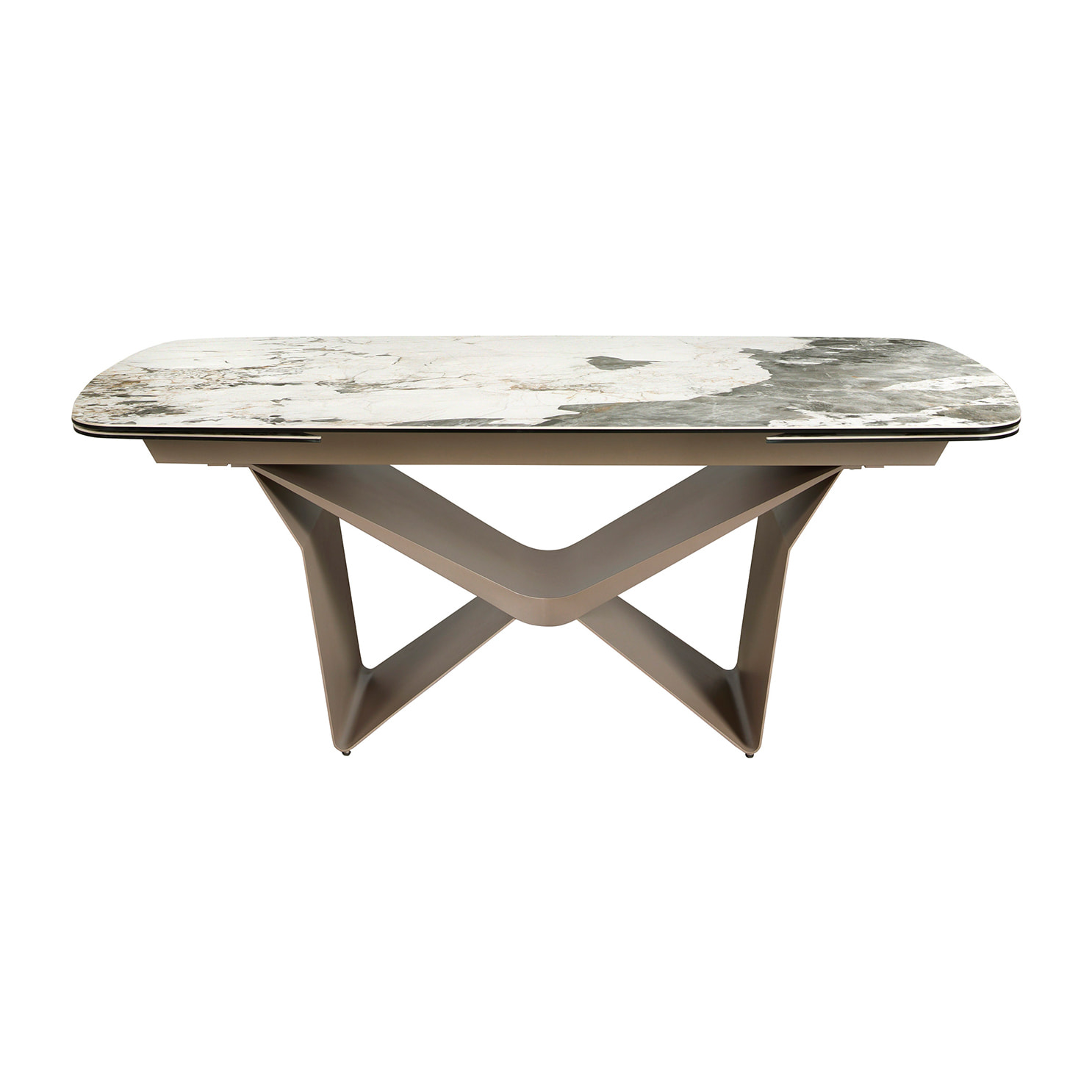 Mesa comedor extensible ovalada barril con tapa de mármol porcelánico blanco con vetas en tonalidades grises y marrones en acabado mate 200x100x76cm