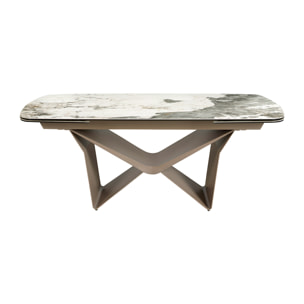 Mesa comedor extensible ovalada barril con tapa de mármol porcelánico blanco con vetas en tonalidades grises y marrones en acabado mate 200x100x76cm