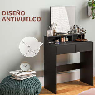 Tocador de Maquillaje con Espejo, Tocador con 2 Cajones, 3 Compartimentos Abiertos, Mesa de Maquillaje para Espacios Pequeños, Dormitorio, Negro