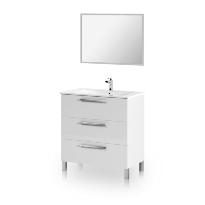 Mueble de baño con espejo Feel 3 cajones Blanco Brillo
