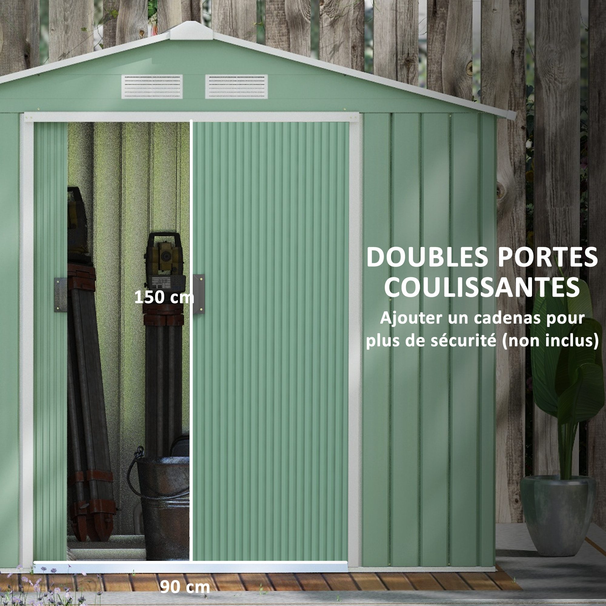 Abri de jardin - remise pour outils - cabanon porte verrouillable - dim. 213L x 130l x 185H cm - tôle d'acier vert pastel