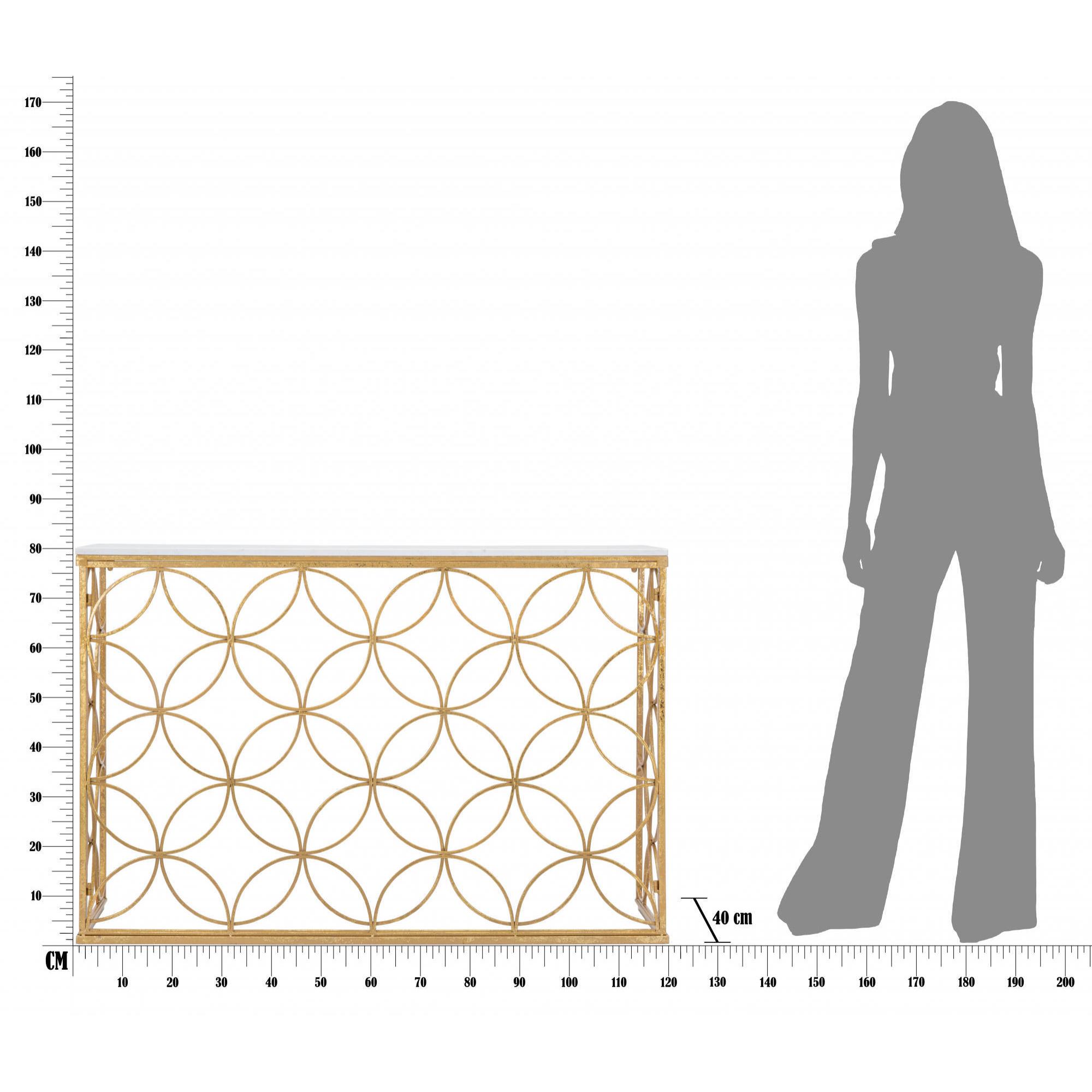 Console rettangolare, struttura in metallo dorato, piano in marmo, colore bianco, Misure 40 x 80 x 120 cm