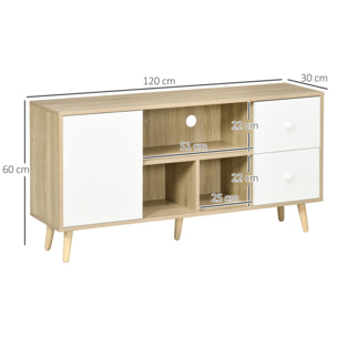 Meuble TV scandinave porte 3 niches 2 tiroirs piètement bois de pin aspect chêne clair blanc