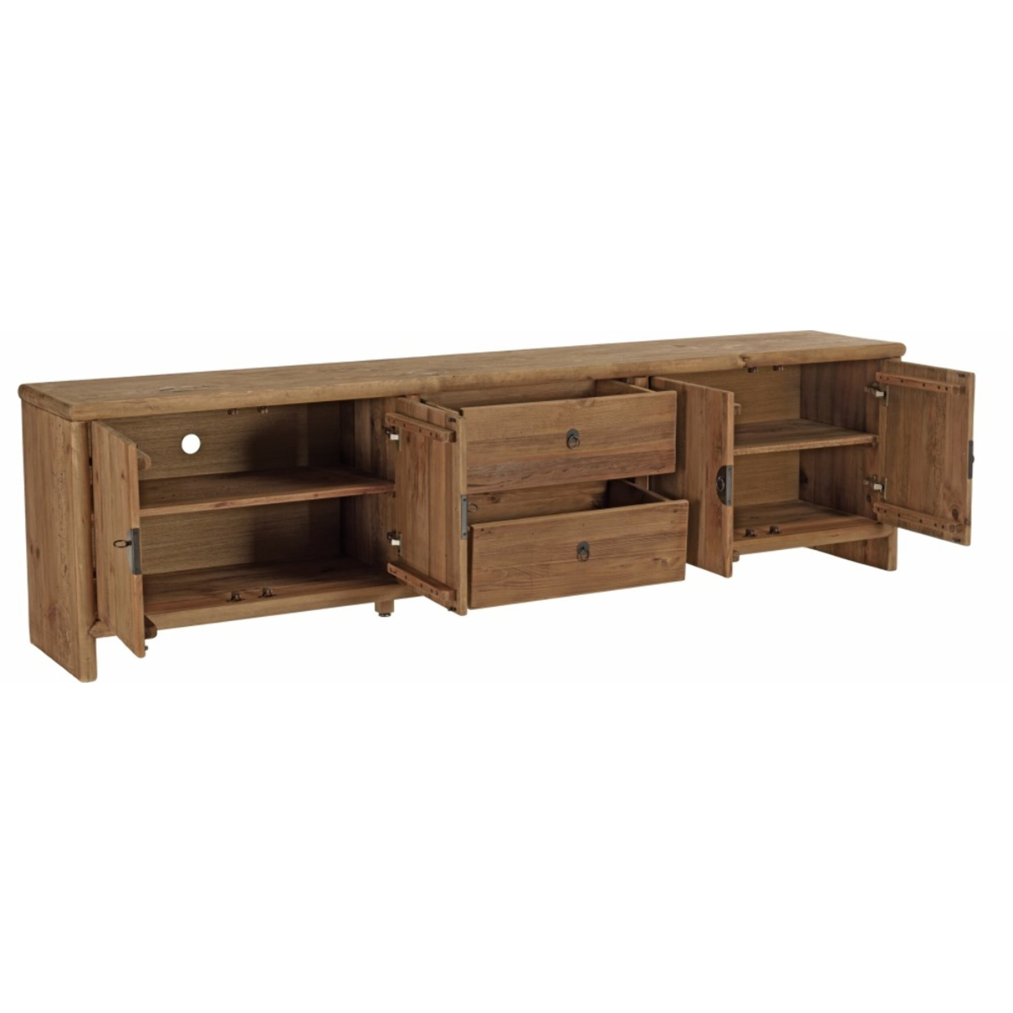 SANDY - Meuble TV 2 tiroirs 4 portes, longueur 240cm bois pin recyclé