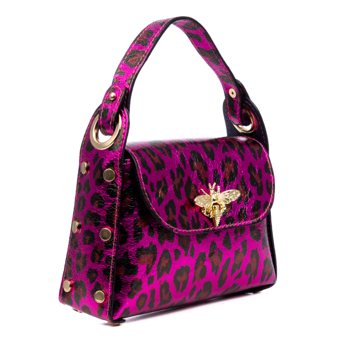 Aquileia bolso de mano mujer. Piel auténtica Gamuza con estampado animal print leopardo lacada brillante.