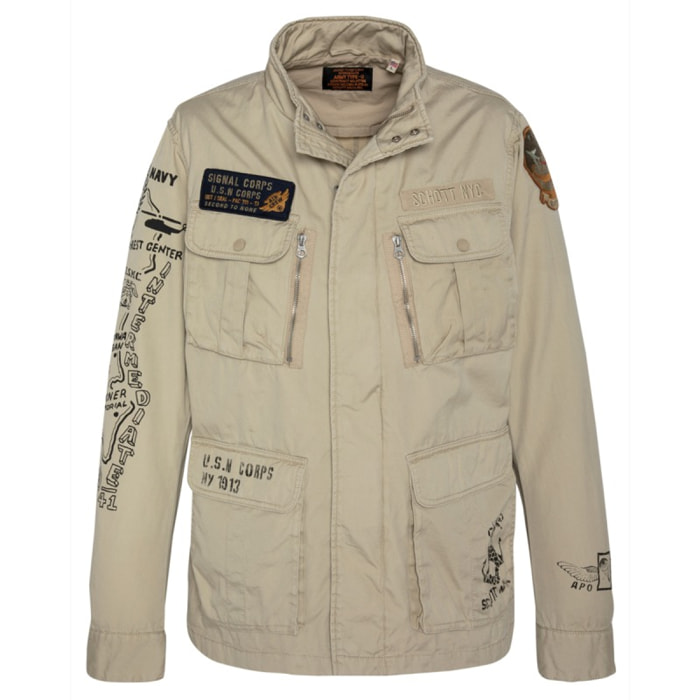 M-1941 ARMY M-65 ZIPPERED JACKET WITH  PRINTS & BADGES 100% COTTON Beige