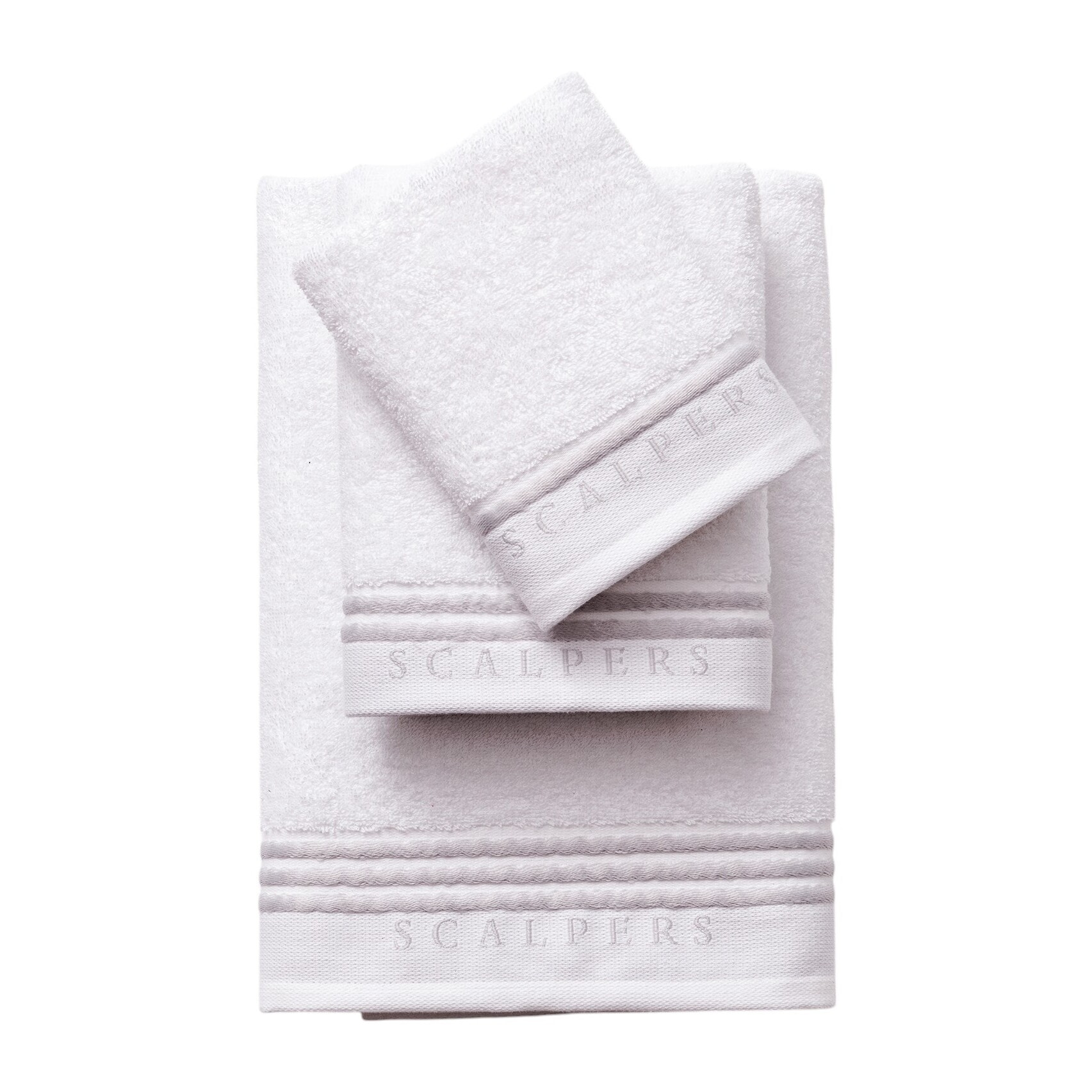 Set toallas baño (tocador 30x50cm + manos 50x90cm + baño 70x140cm) 450gsm en algodón blanco con gris scalpers home