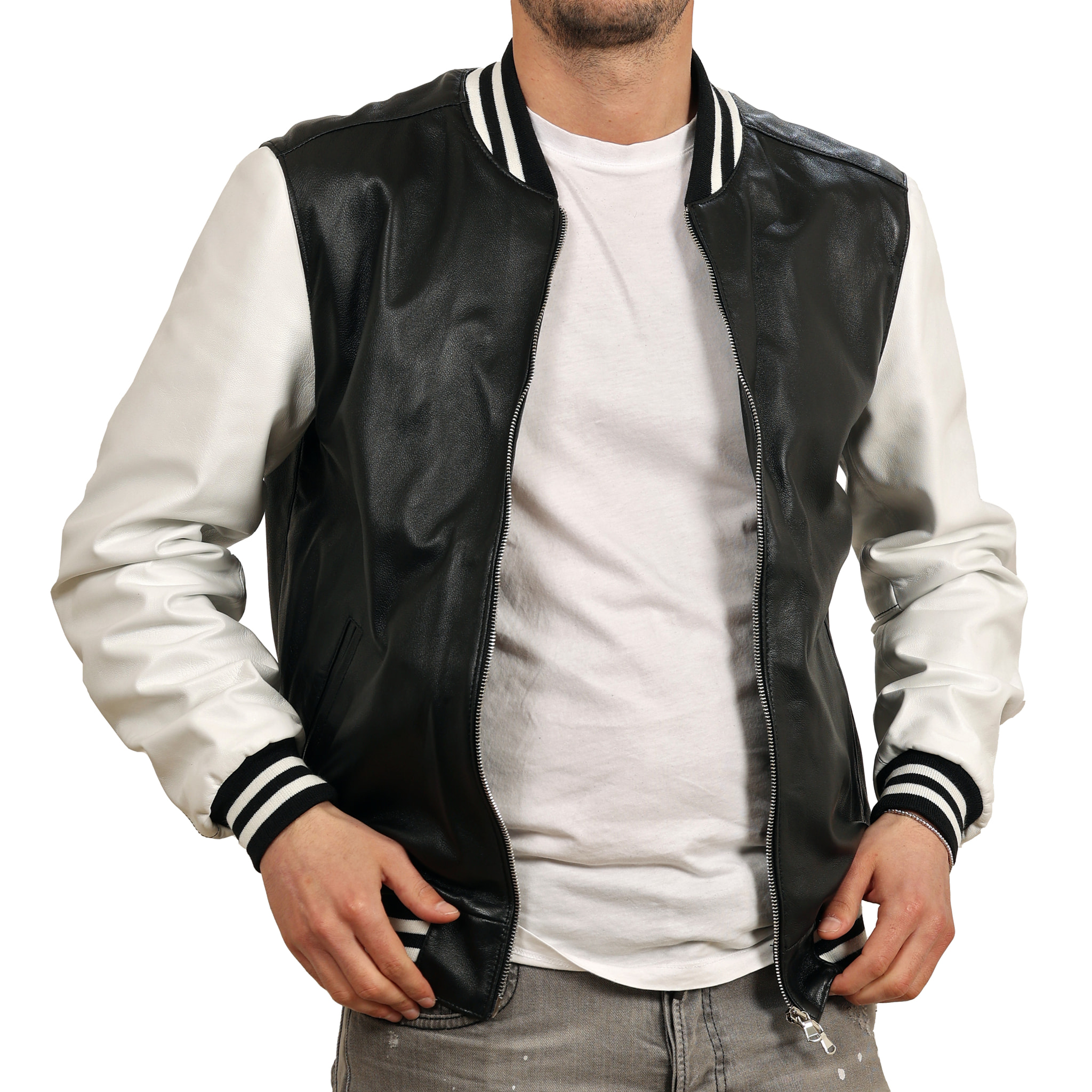 Bomber bicolore in pelle di vitello Nero-Bianco Slim Fit