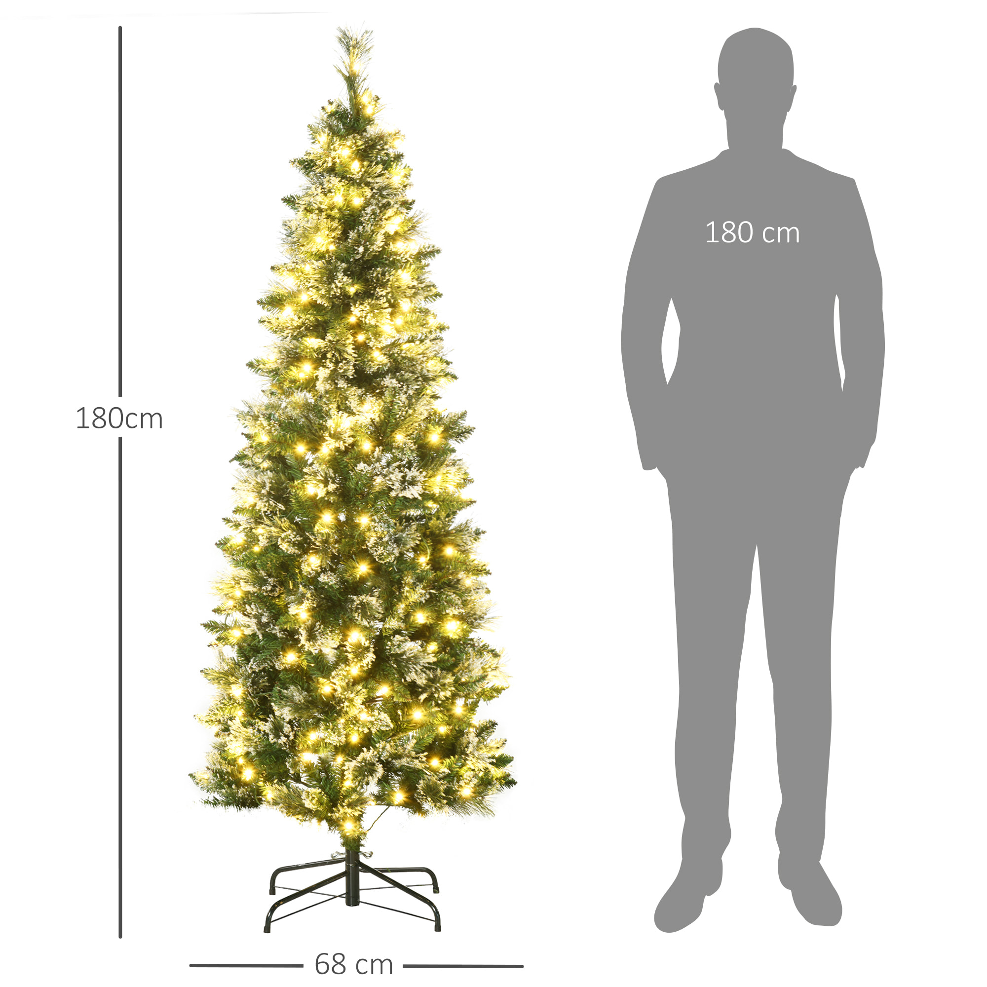 HOMCOM Albero di Natale 180cm Innevato con 240 Luci LED e 618 Rami con Base in Acciaio