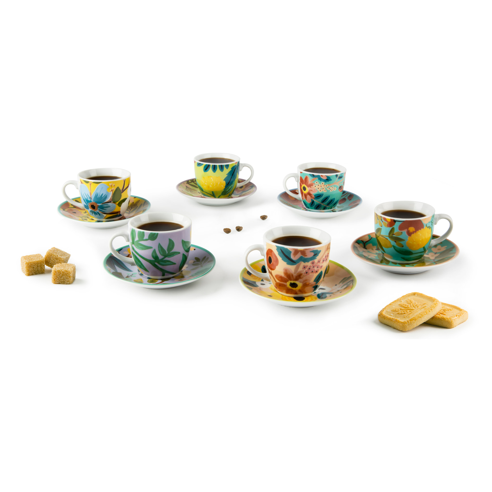 Set 6 Tasses à Café avec Soucoupes Excelsa – Fiori Frida, Porcelaine Multicolore