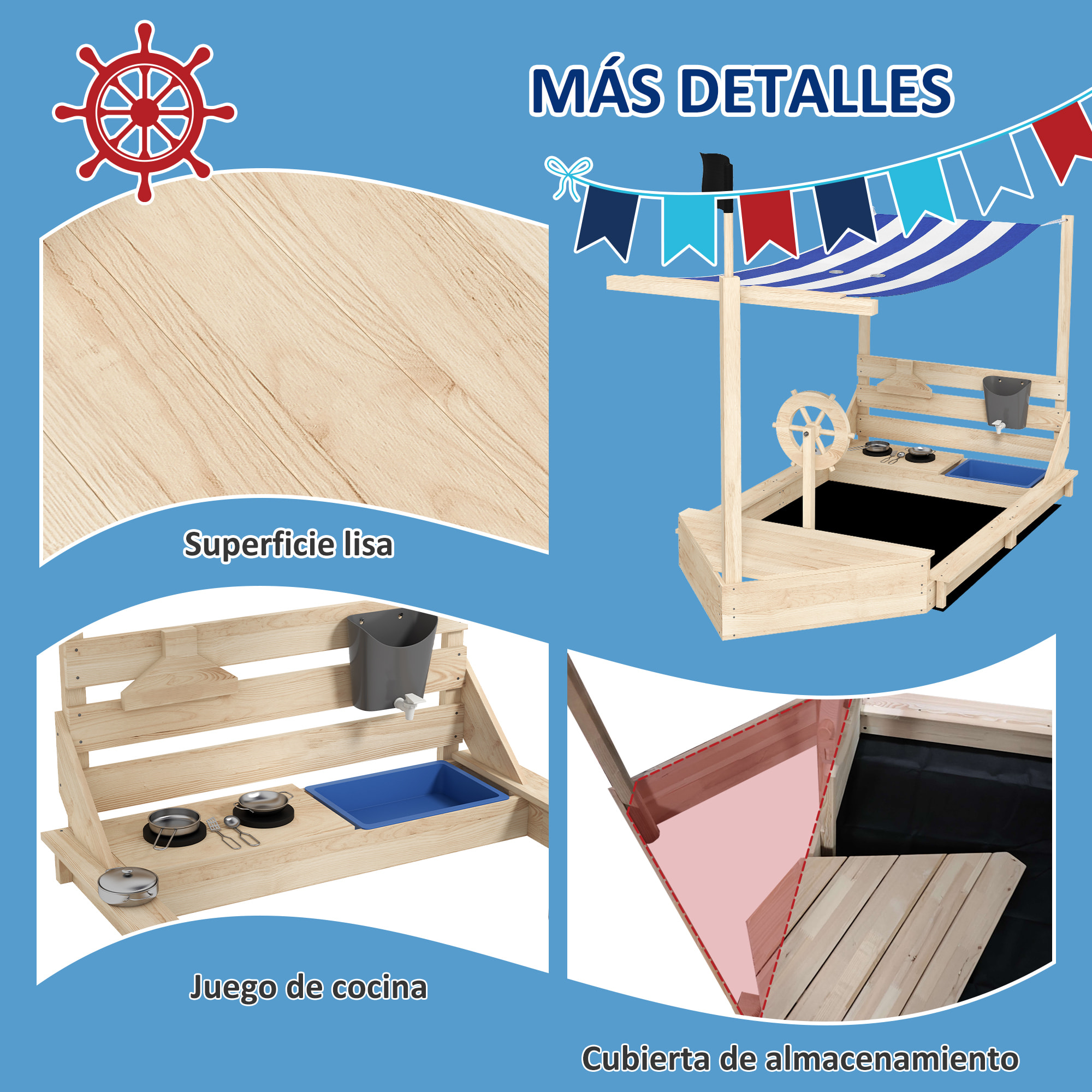 Arenero para Niños de Madera Arenero Infantil con Toldo Volante Juguetes de Cocina y Forma de Barco Pirata para Patio Jardín 180x103x144,5 cm Natural