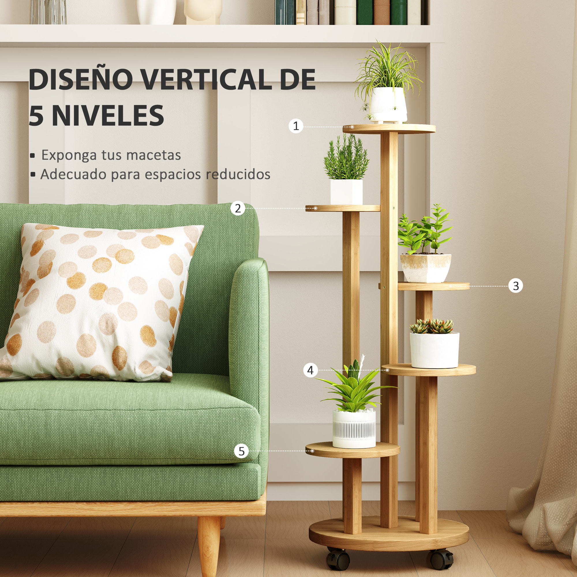 Soporte para Plantas de Bambú con Ruedas de 5 Niveles, Estantería Redonda para Plantas para Esquina, Soporte para Macetas, Interior y Exterior, 33x33x90 cm, Natural