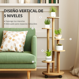Soporte para Plantas de Bambú con Ruedas de 5 Niveles, Estantería Redonda para Plantas para Esquina, Soporte para Macetas, Interior y Exterior, 33x33x90 cm, Natural