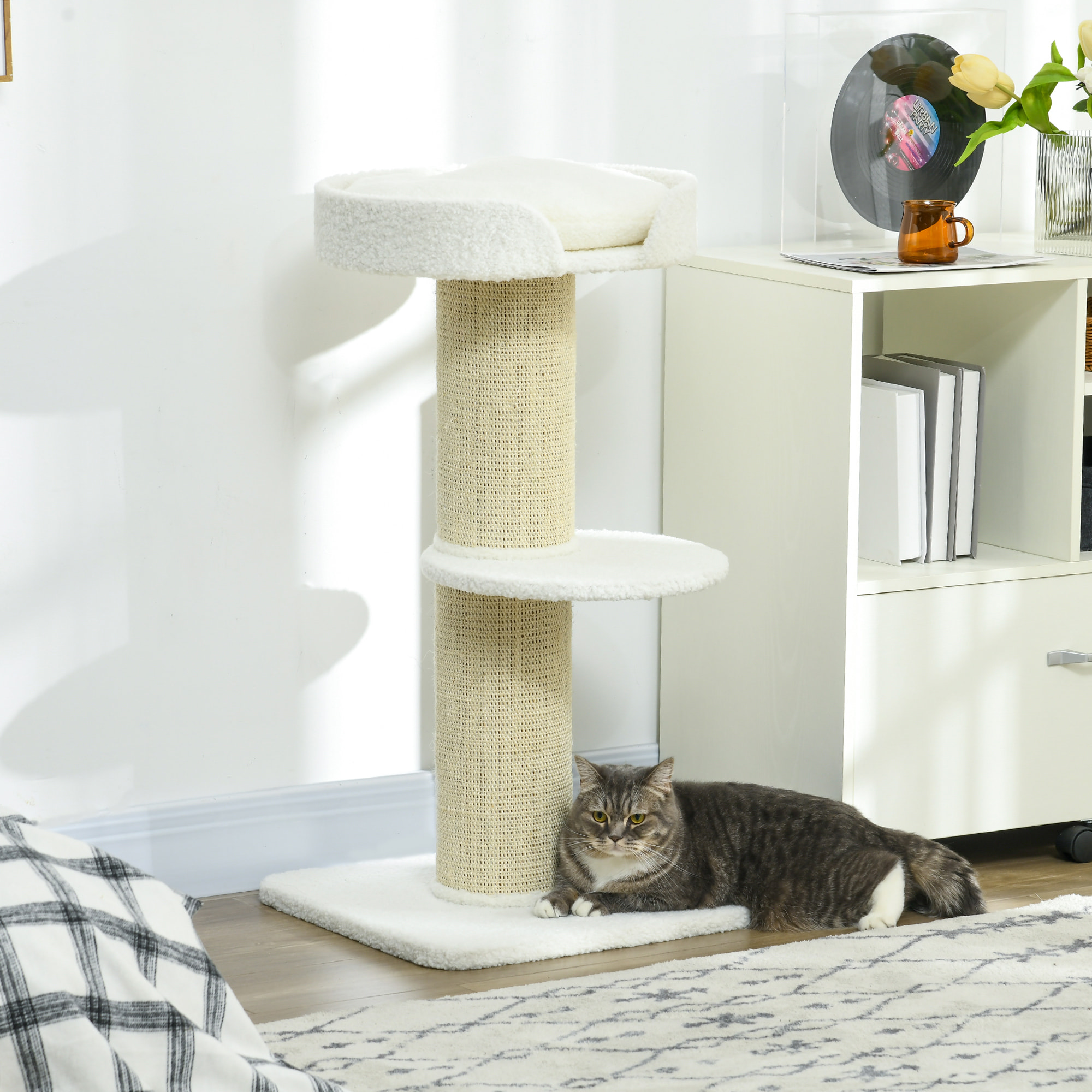 Arbre à chat avec griffoir centre d'activités 2 plateformes coussin crème