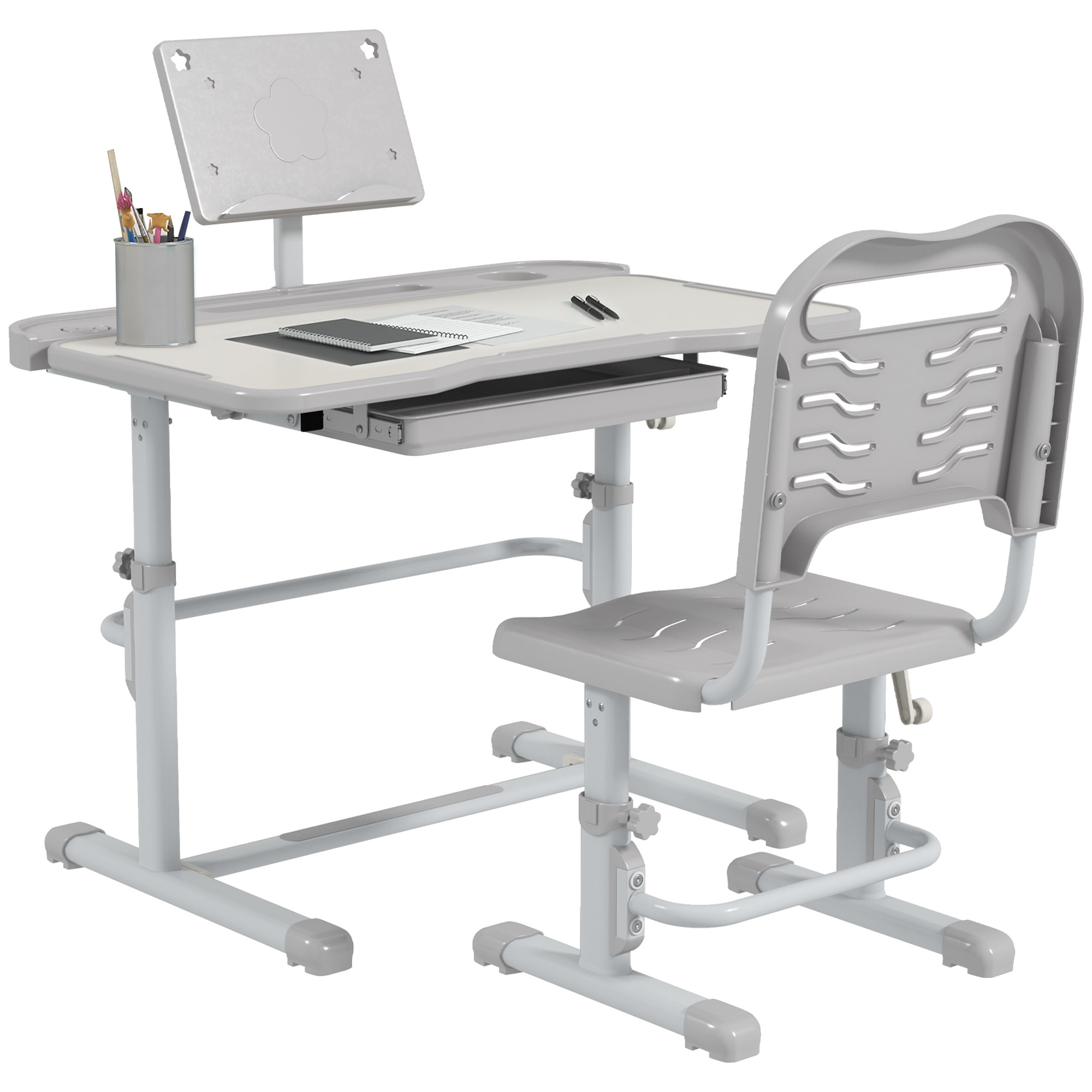 Juego de Escritorio y Silla para Niños de 6-12 Años Pupitre Infantil Altura Ajustable con 1 Cajón 1 Estante para Libros y Ángulo de Mesa Ajustable 80x49,5x82-104 cm Gris y Blanco