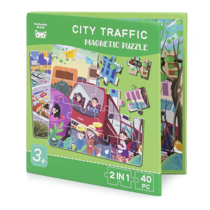 Puzzle design Traffico nella città di 40 pezzi magnetici. Formato a libro, 2 puzzle da 20 pezzi in 1.