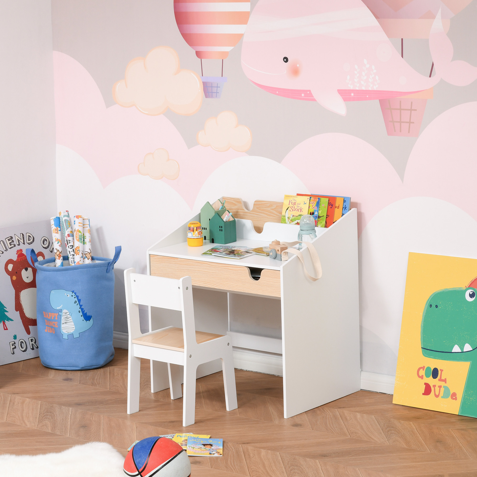 Escritorio para Niños con Silla de 3 a 6 Años Pupitre Infantil 2 en 1 Conjunto de Escritorio 2 Piezas con Cajón y Eatantes de Libros 70x50x75 cm Blanco y Natural