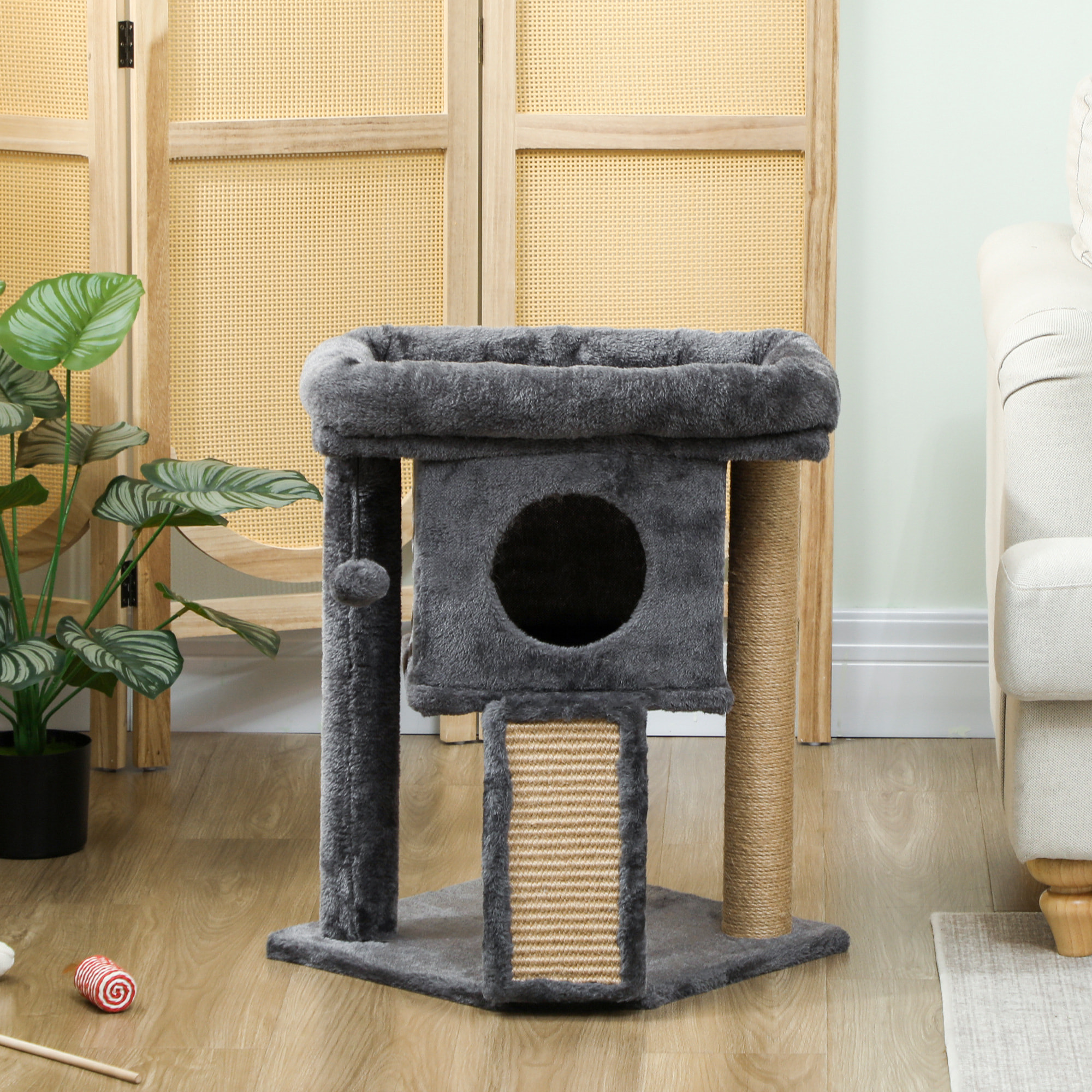 Árbol Rascador para Gatos Pequeños 57 cm, Torre para Gatos con Poste de Sisal, Rampa para Rascar, Cueva, Cama y Bola Colgante, 40x40x57 cm, Gris Oscuro