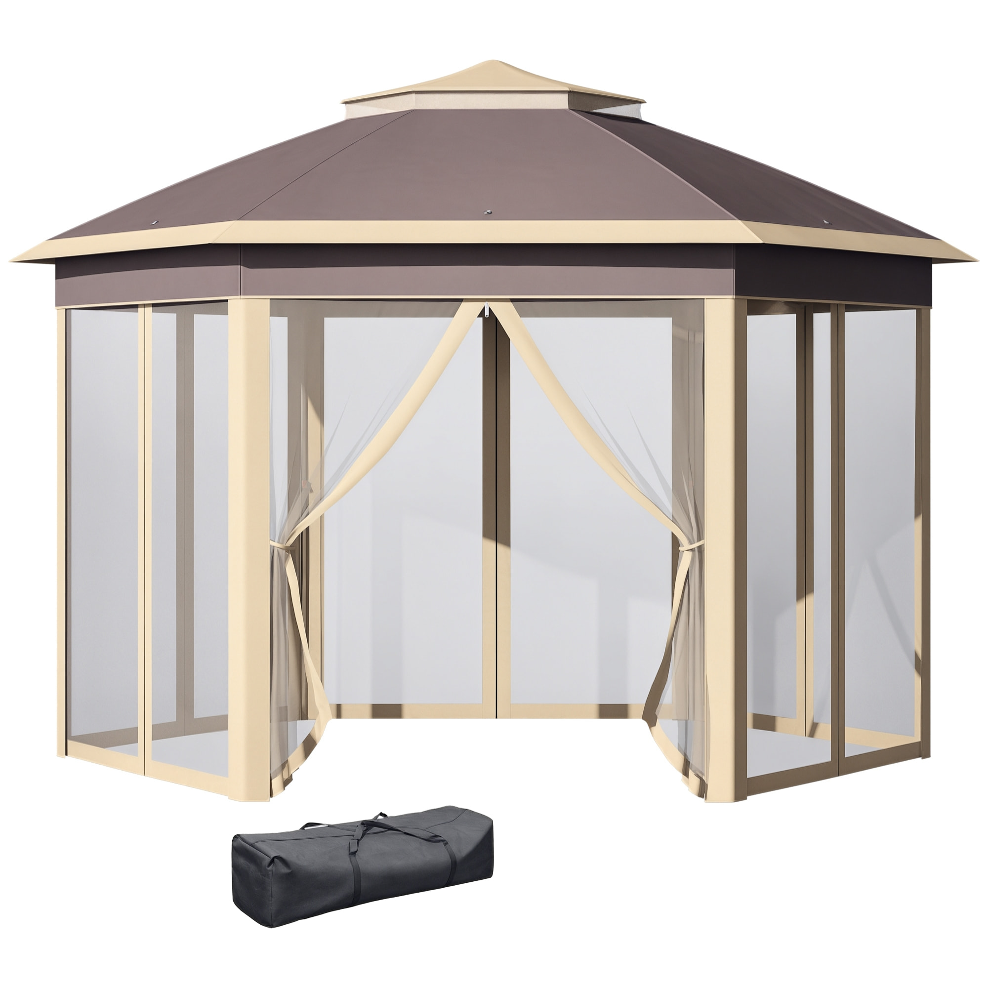 Carpa Plegable 4x3,4x2,85 m Cenador de Jardín Hexagonal con Doble Techo 6 Mosquiteras Desmontables Bolsa de Transporte Altura Ajustable en 3 Niveles y Anti-UV Gazebo para Fiesta Patio Beige