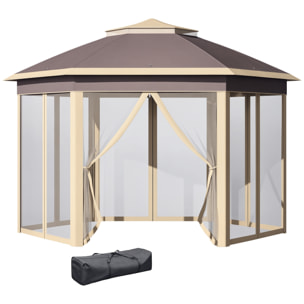 Carpa Plegable 4x3,4x2,85 m Cenador de Jardín Hexagonal con Doble Techo 6 Mosquiteras Desmontables Bolsa de Transporte Altura Ajustable en 3 Niveles y Anti-UV Gazebo para Fiesta Patio Beige