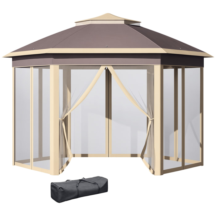Carpa Plegable 4x3,4x2,85 m Cenador de Jardín Hexagonal con Doble Techo 6 Mosquiteras Desmontables Bolsa de Transporte Altura Ajustable en 3 Niveles y Anti-UV Gazebo para Fiesta Patio Beige