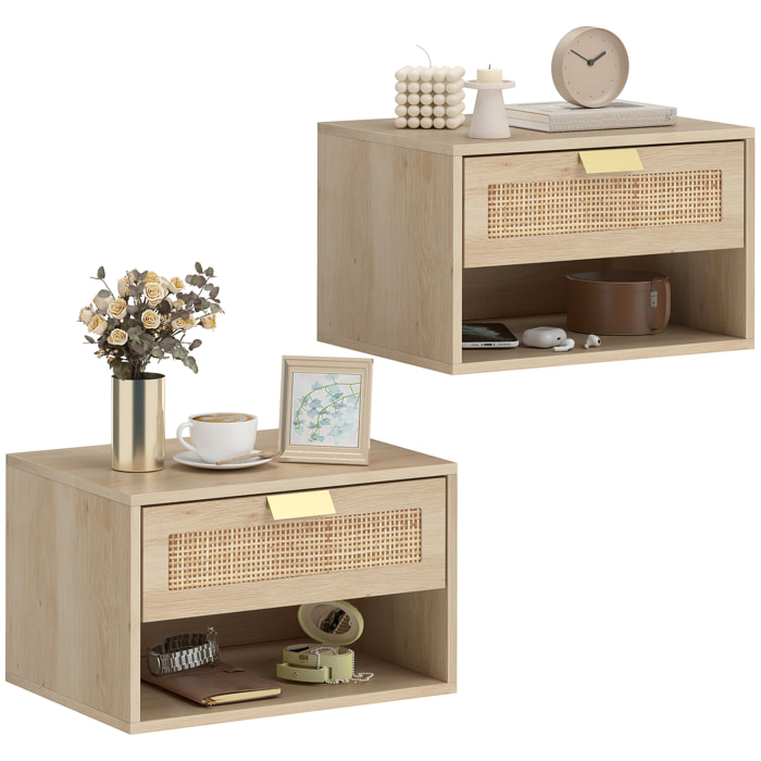 Juego de 2 Mesitas de Noche Flotantes, Mesillas de Noche Dormitorio con Cajón de Ratán, Estante Abierto, Ahorra Espacio, Diseño Nórdico, para Sala de Estar, 40x30x25 cm, Roble