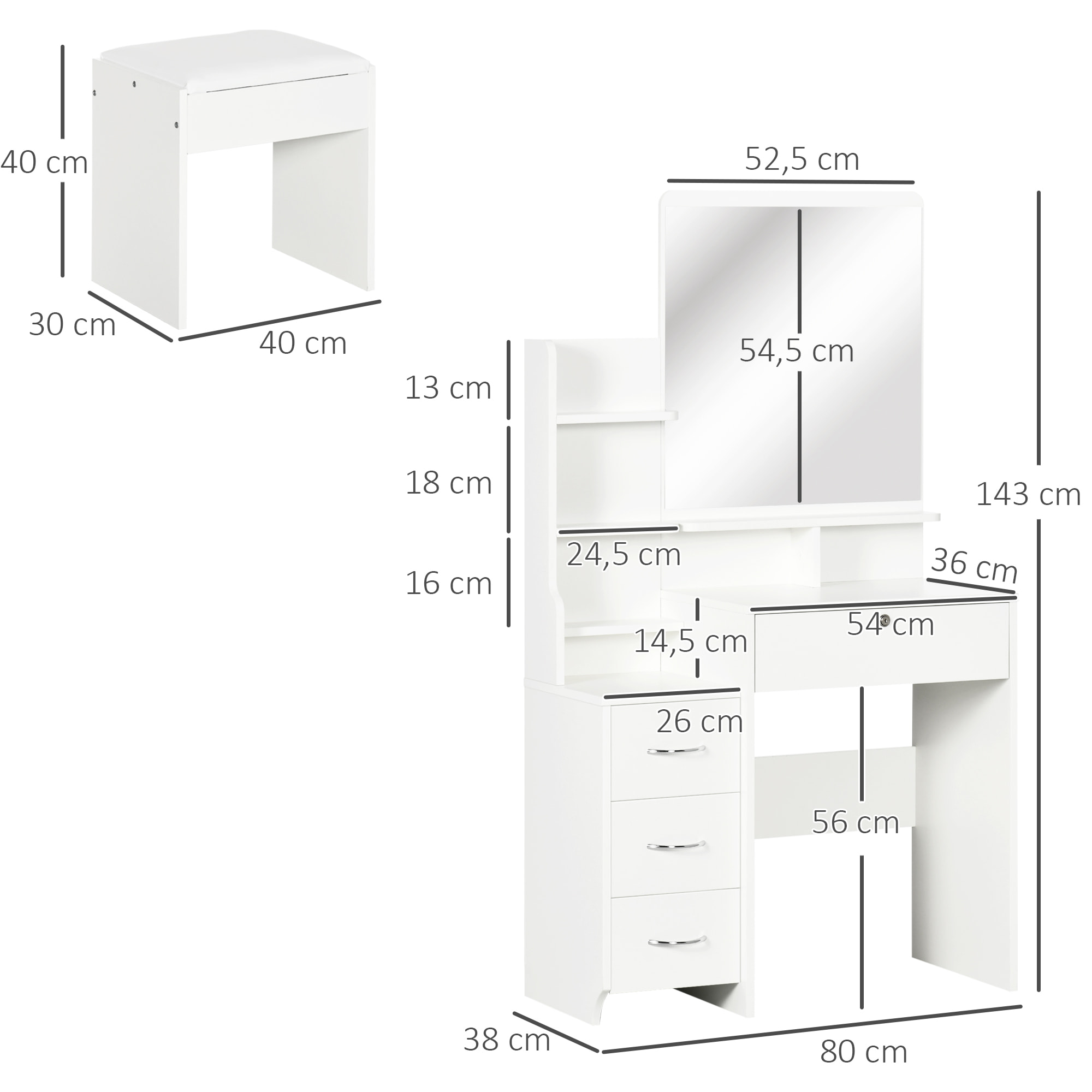 Tocador de Maquillaje con Taburete y Espejo Mesa de Maquillaje con 4 Cajones 4 Compartimientos de Almacenamiento Estilo Moderno 80x38x143 cm Blanco