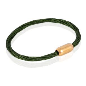 Pack de 4 pulseras multihebra entrelazadas de hilo de nylon verde, negro, dorado y blanco con cierre magnético de cobre.