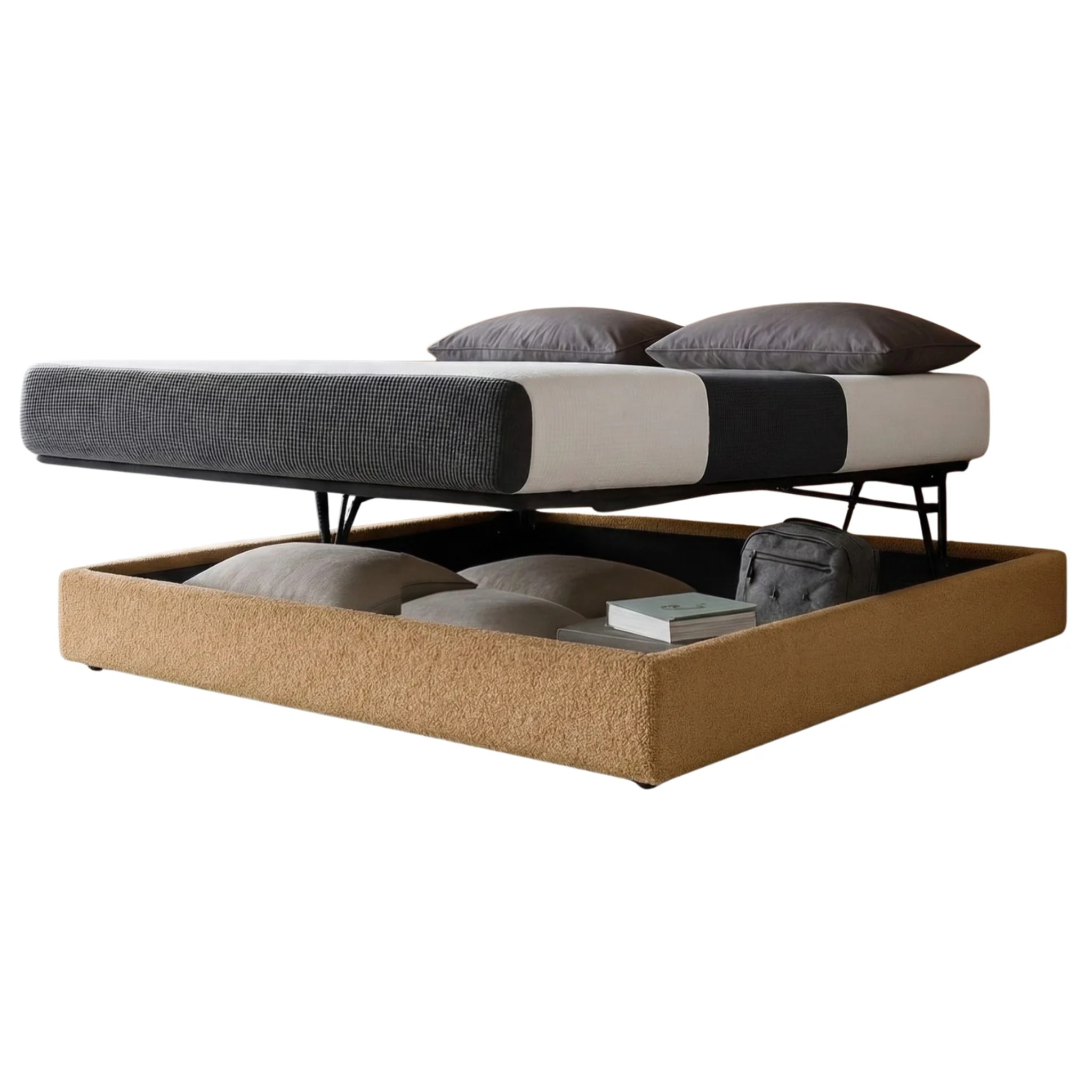 Lit coffre Parallèle | 3 Positions : Stocker, Faire Le lit, Repos | Espace de stockage jusqu'à 900 L | Bouclette | Camel