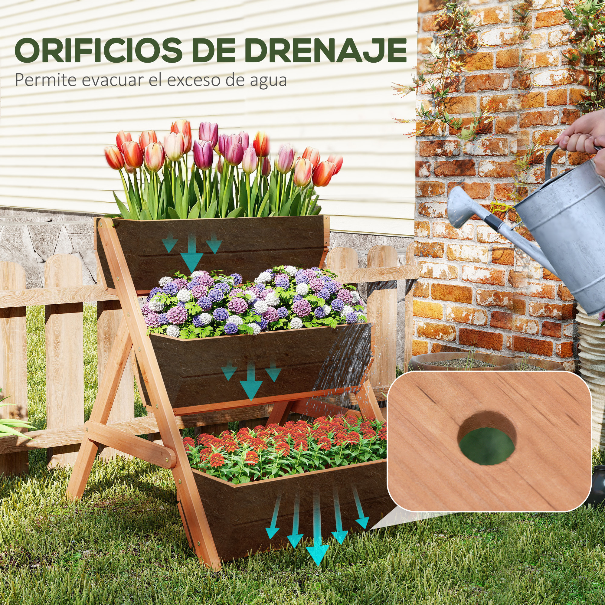 Jardinera de Madera de 3 Niveles, Jardinera Elevada Exterior con Orificios de Drenaje, Macetero para Cultivos de Plantas, Flores, para Terraza, Jardín, 65x75x76 cm, Marrón
